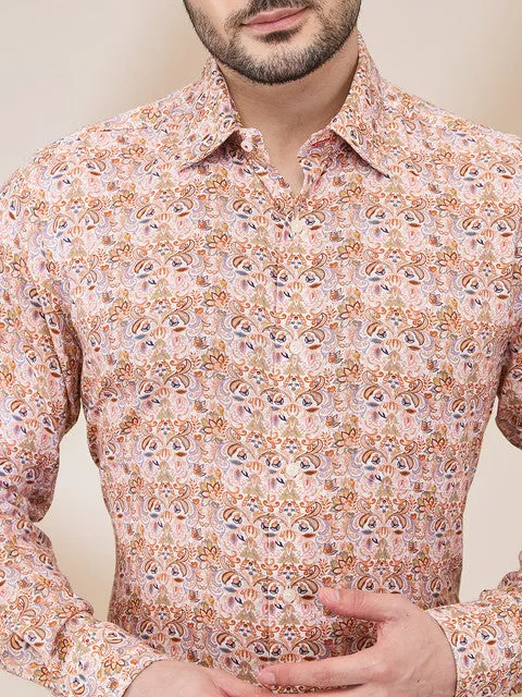 Raymond Men Orange Printed Regular Fit Cotton Blend Formal Shirts