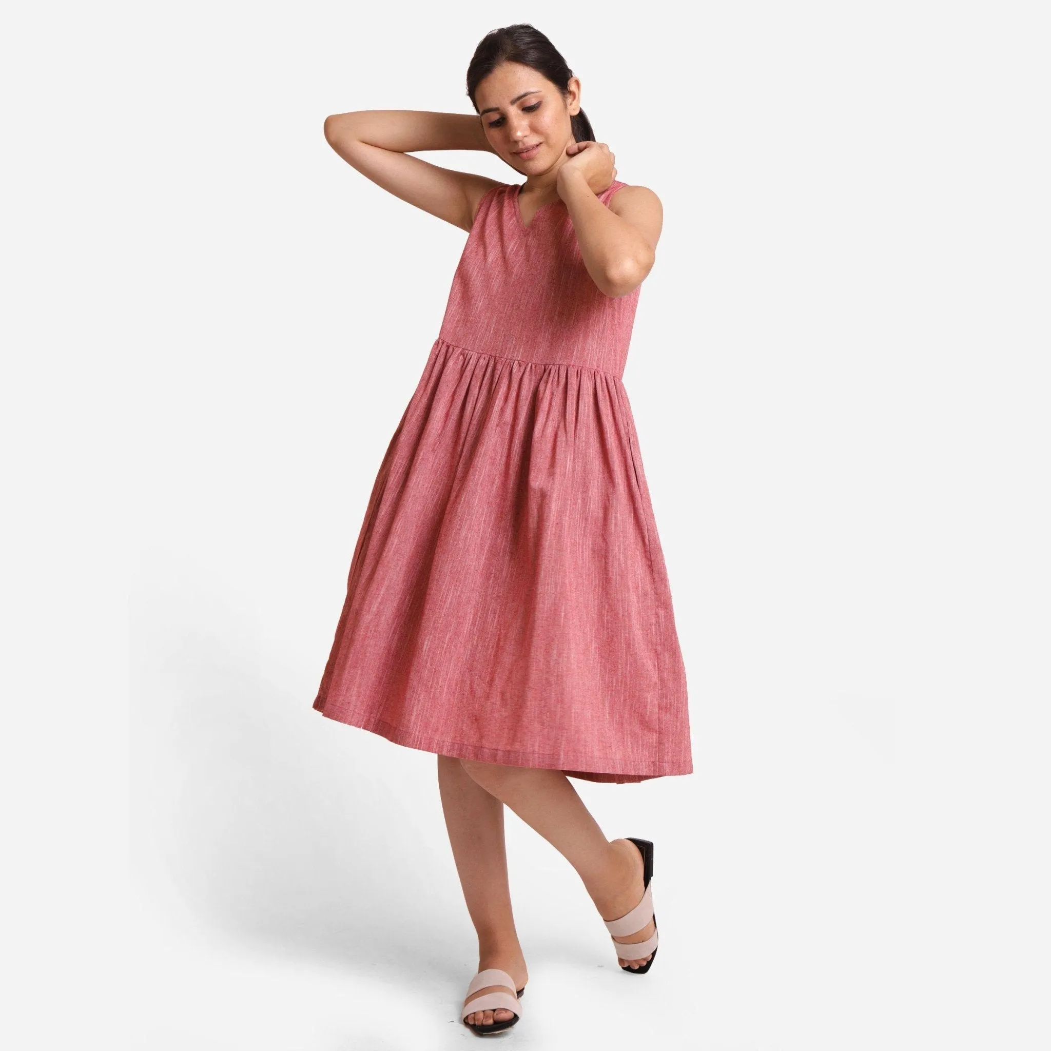 Red Yarn Dyed Cotton Sleeveless Yoked Knee Length Dress