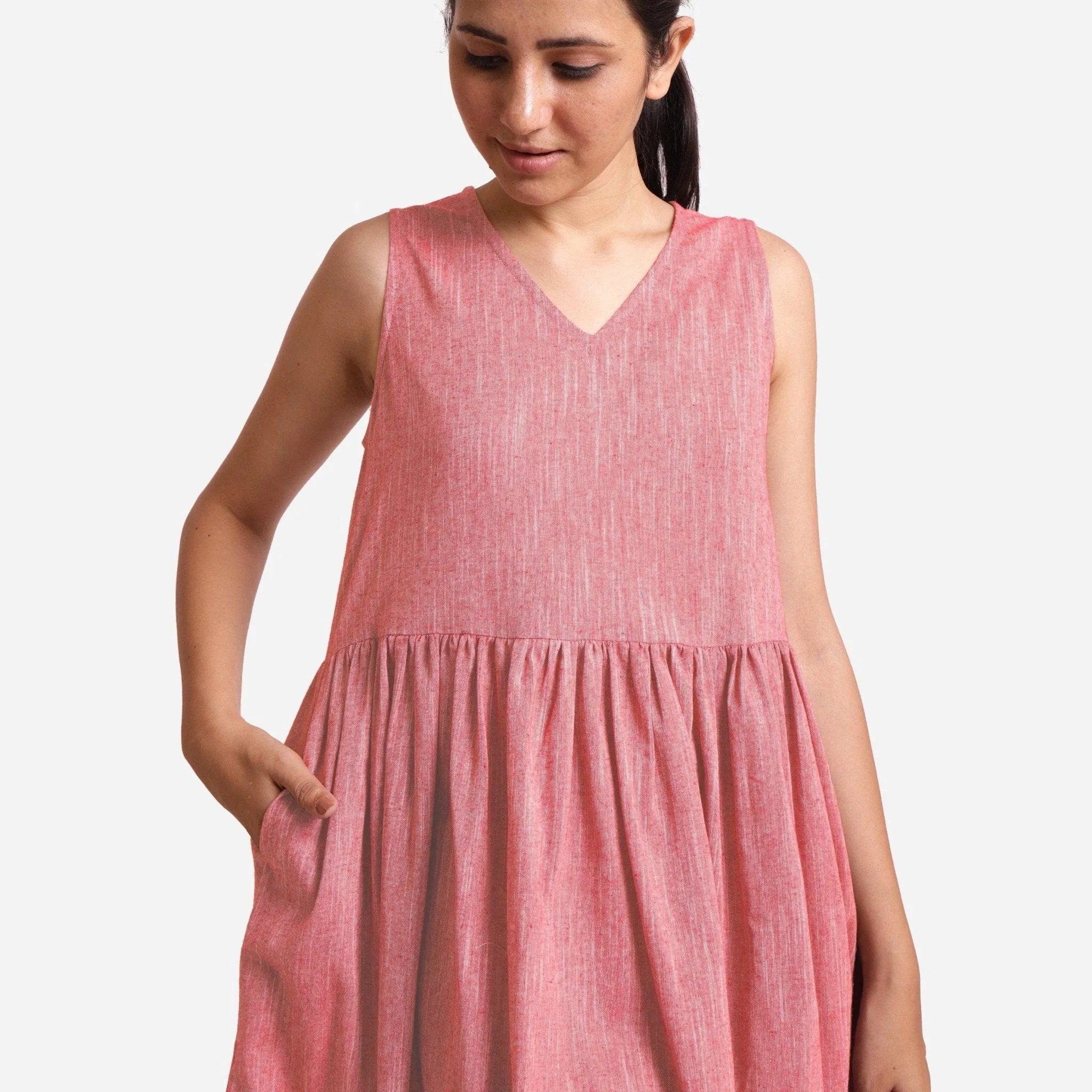 Red Yarn Dyed Cotton Sleeveless Yoked Knee Length Dress