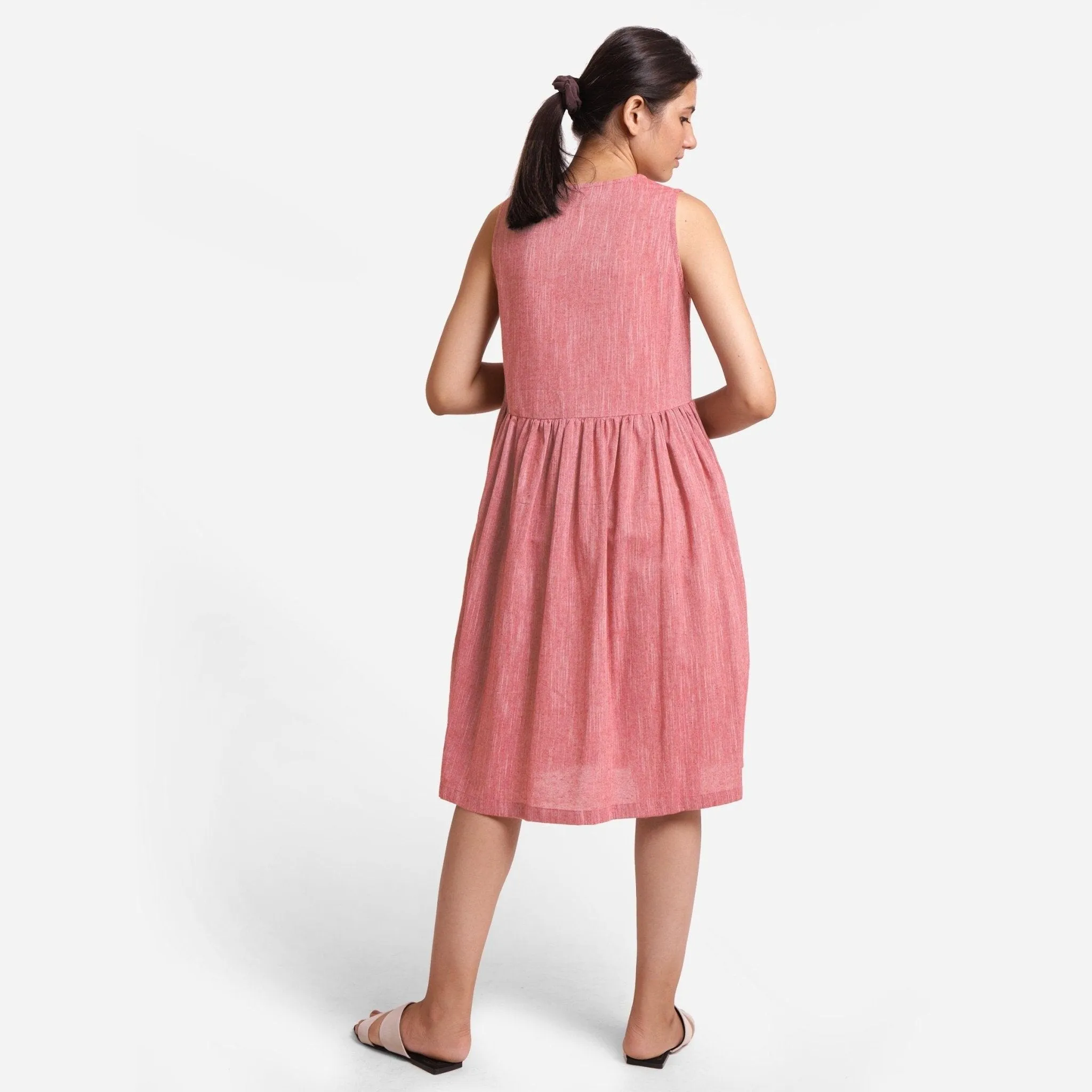 Red Yarn Dyed Cotton Sleeveless Yoked Knee Length Dress