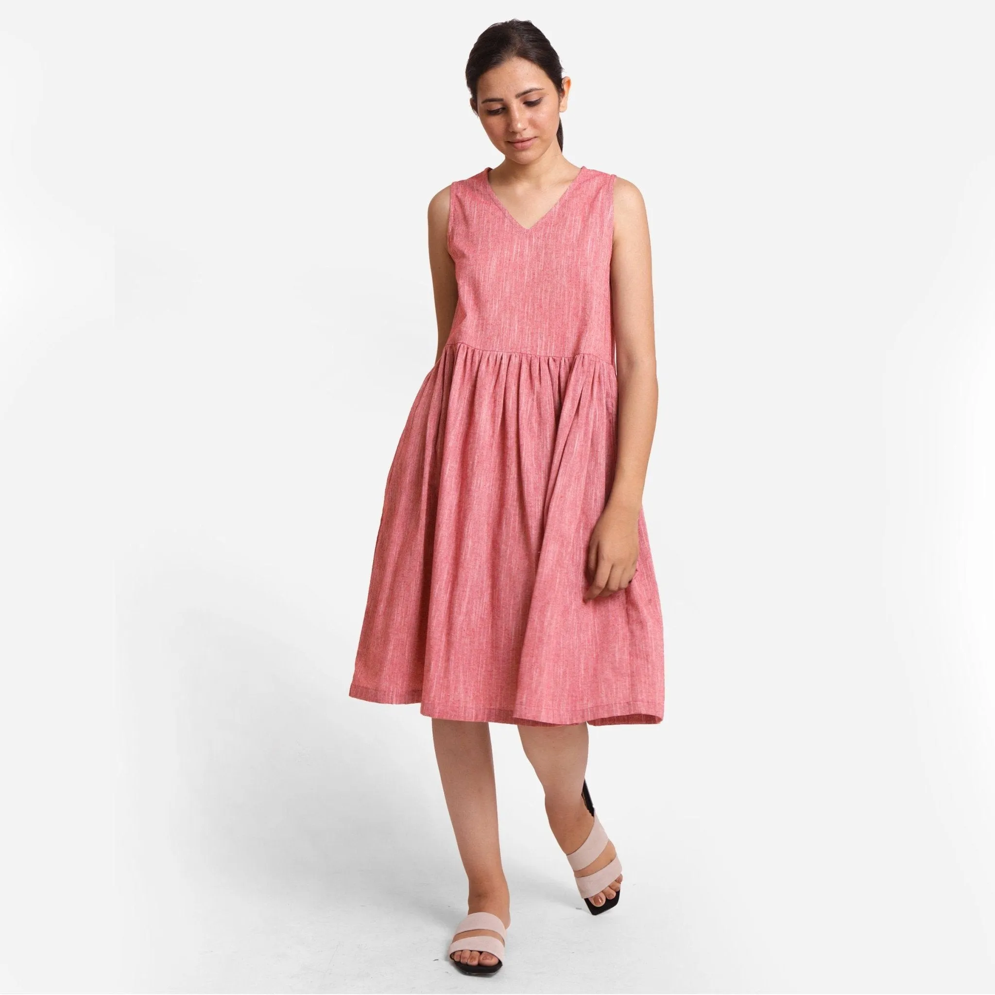 Red Yarn Dyed Cotton Sleeveless Yoked Knee Length Dress