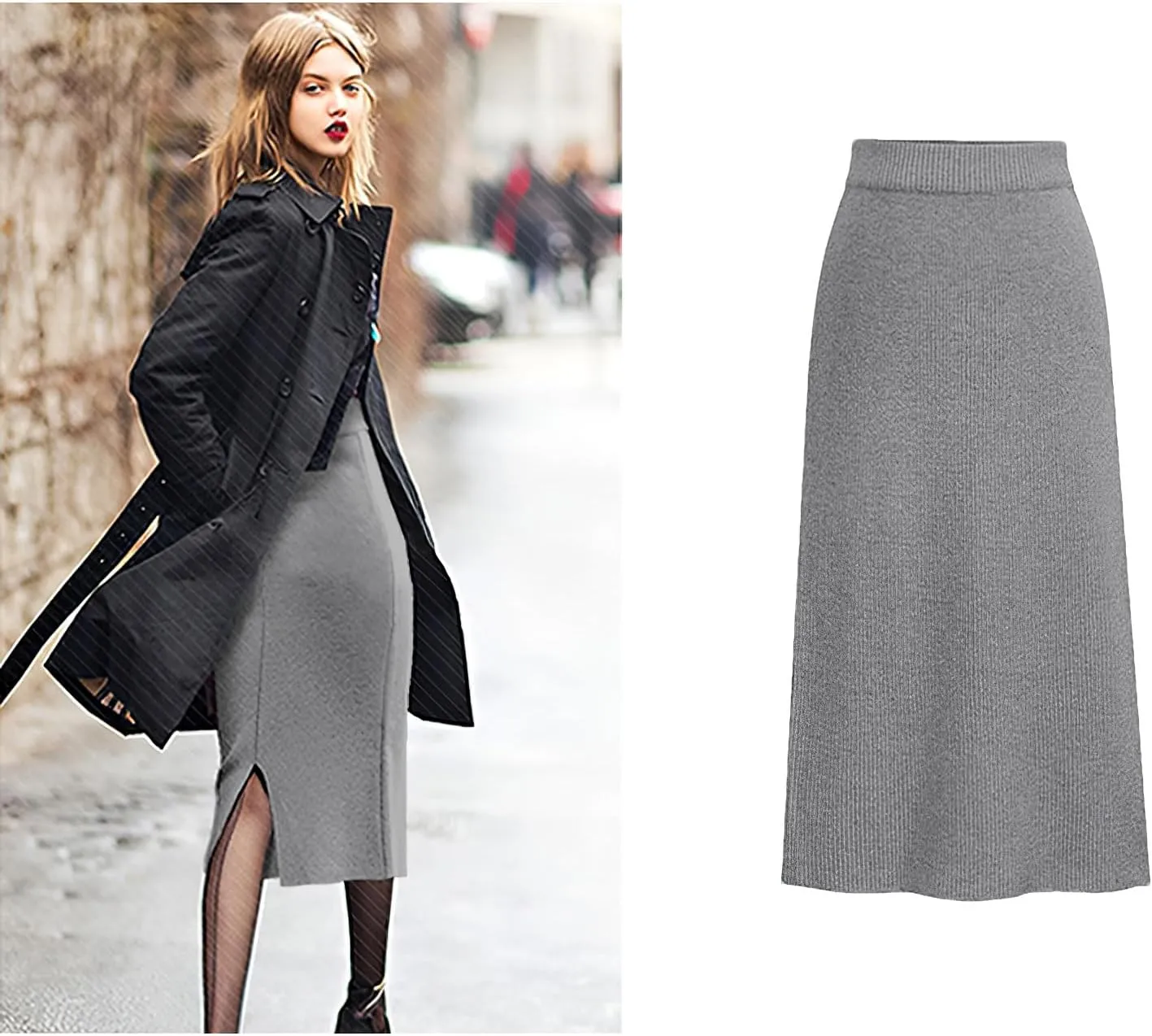 rismart Women Knitting Pencil Skirt Casual Below The Knee Stretch High Waist Elastic Skirts