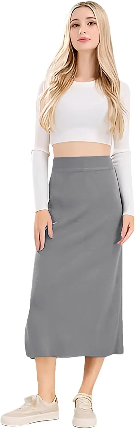 rismart Women Knitting Pencil Skirt Casual Below The Knee Stretch High Waist Elastic Skirts