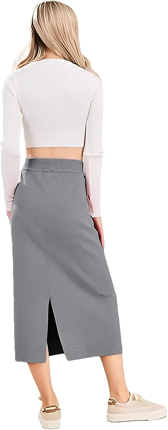 rismart Women Knitting Pencil Skirt Casual Below The Knee Stretch High Waist Elastic Skirts