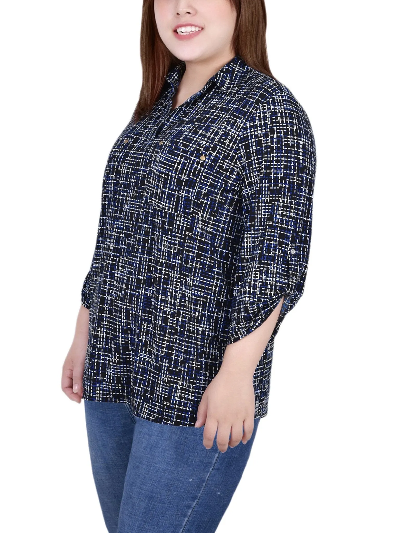 Royal Abstract 3/4 Roll Tab Sleeve Studded Y Neck Top - Plus