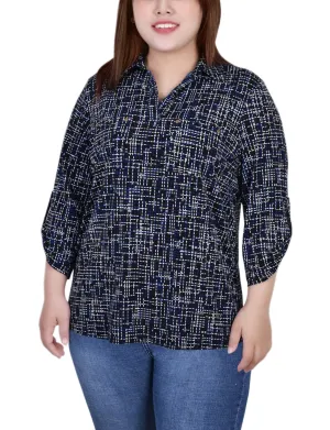 Royal Abstract 3/4 Roll Tab Sleeve Studded Y Neck Top - Plus