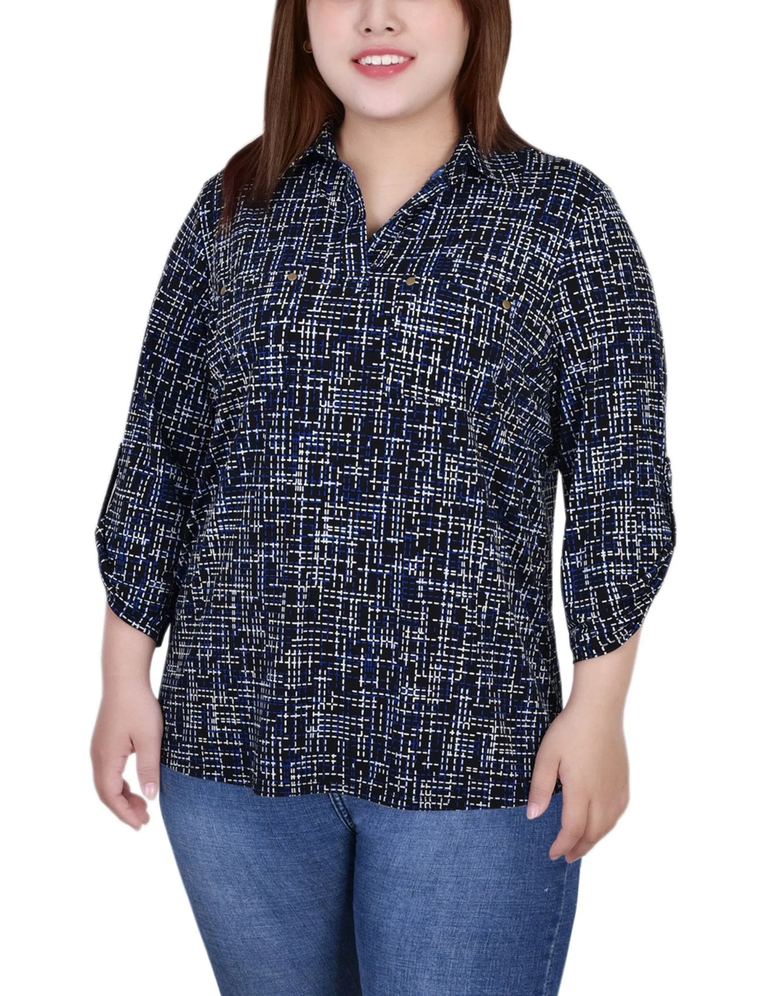 Royal Abstract 3/4 Roll Tab Sleeve Studded Y Neck Top - Plus
