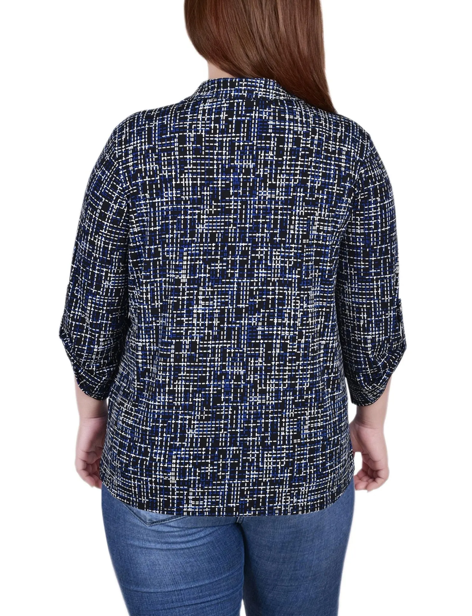 Royal Abstract 3/4 Roll Tab Sleeve Studded Y Neck Top - Plus