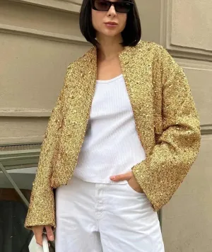 Sequin Gold Stand Collar Long Sleeve Jacket