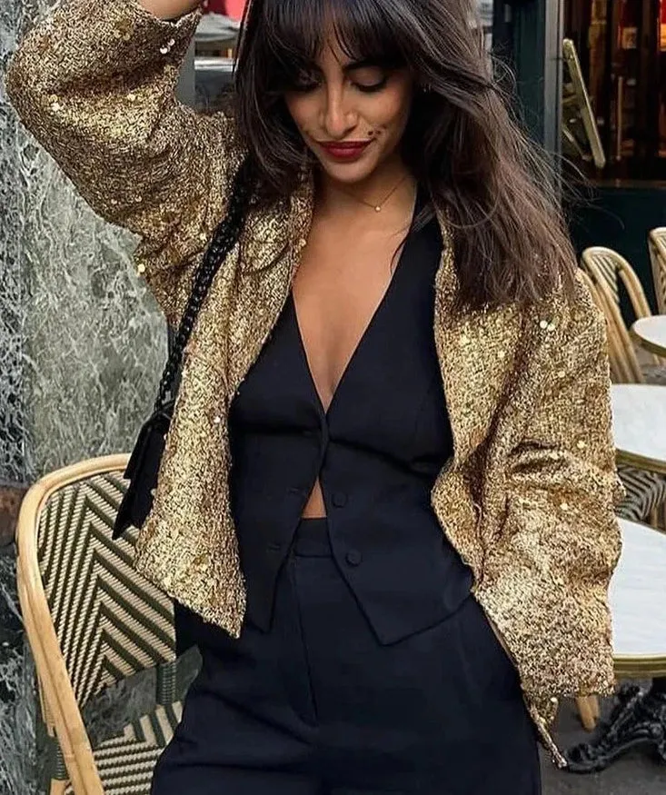 Sequin Gold Stand Collar Long Sleeve Jacket