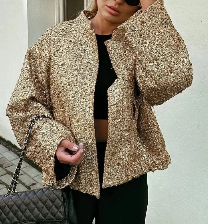Sequin Gold Stand Collar Long Sleeve Jacket