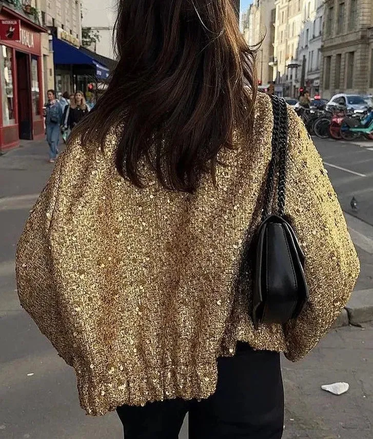 Sequin Gold Stand Collar Long Sleeve Jacket