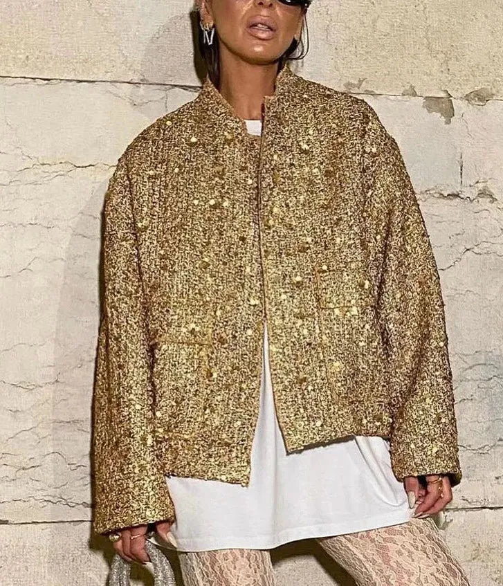 Sequin Gold Stand Collar Long Sleeve Jacket