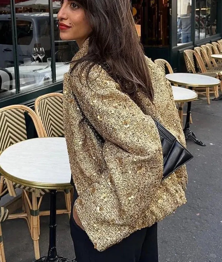 Sequin Gold Stand Collar Long Sleeve Jacket