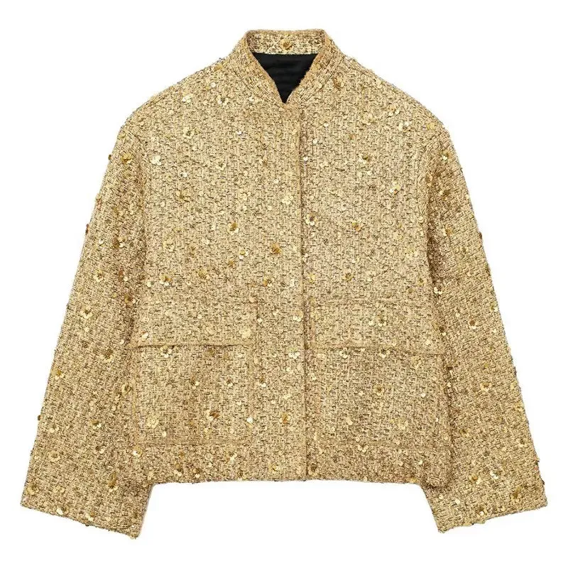 Sequin Gold Stand Collar Long Sleeve Jacket
