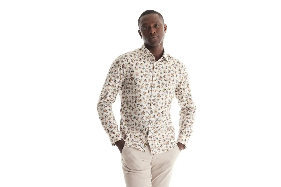 Soft Cloth Point Collar Shirt in Italian Woven Fabric - Natural Pop Floral