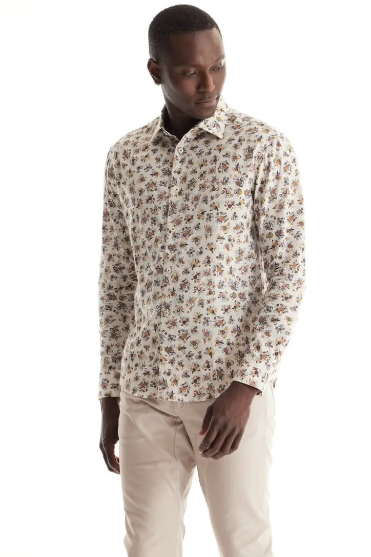 Soft Cloth Point Collar Shirt in Italian Woven Fabric - Natural Pop Floral