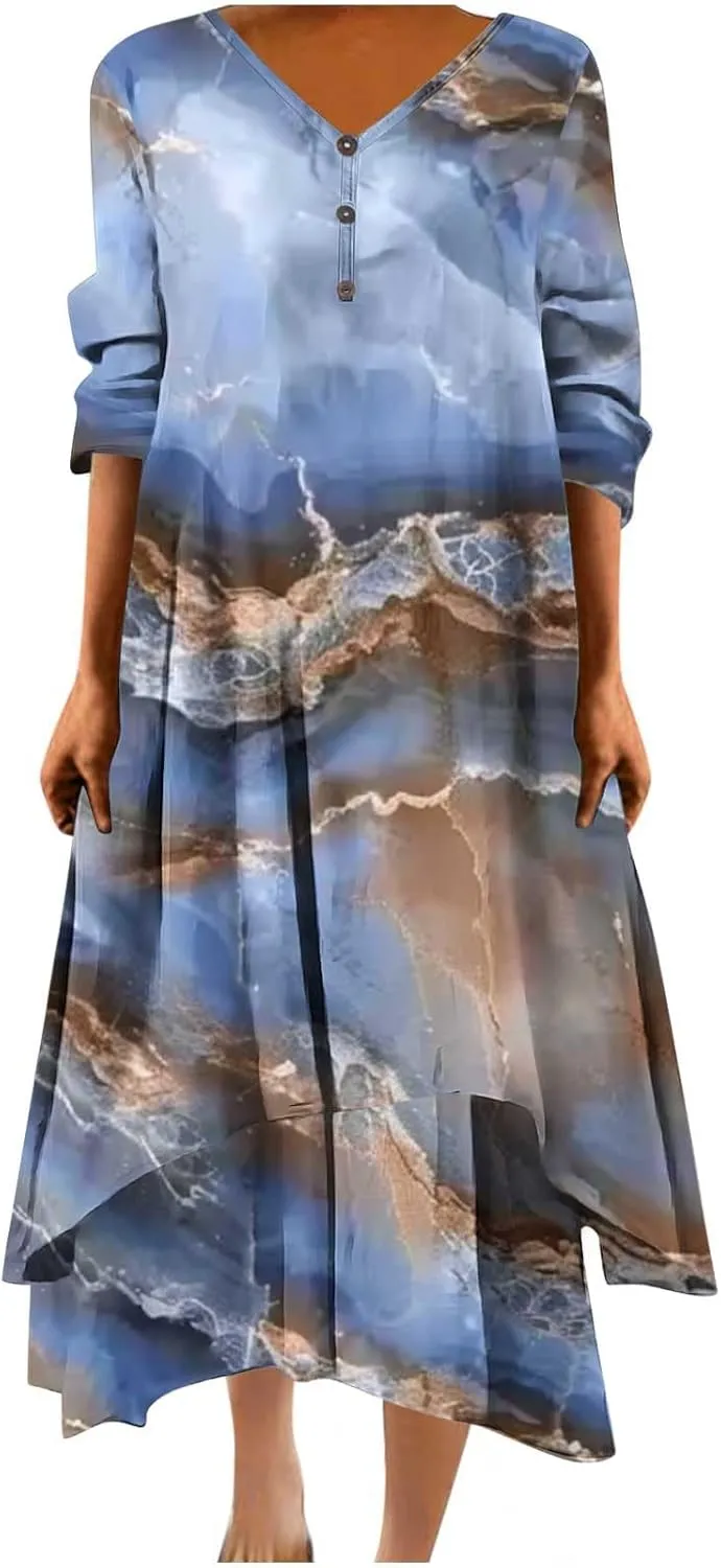 Summer Dresses for Women 2024 Vacation Plus Size 3/4 Sleeve Printed Dresses Button Down Irregular Ankle Length Dress