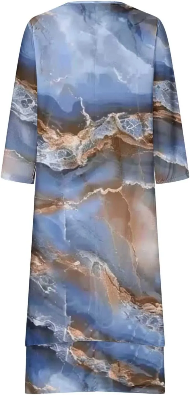 Summer Dresses for Women 2024 Vacation Plus Size 3/4 Sleeve Printed Dresses Button Down Irregular Ankle Length Dress