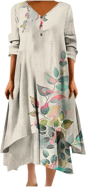 Summer Dresses for Women 2024 Vacation Plus Size 3/4 Sleeve Printed Dresses Button Down Irregular Ankle Length Dress