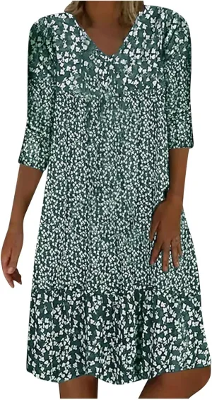 Summer Women's Boho Printed Dress Casual V-Neck Three-Quarter Sleeve Dresses 2025 Loose Flowy Aline Midi Dress