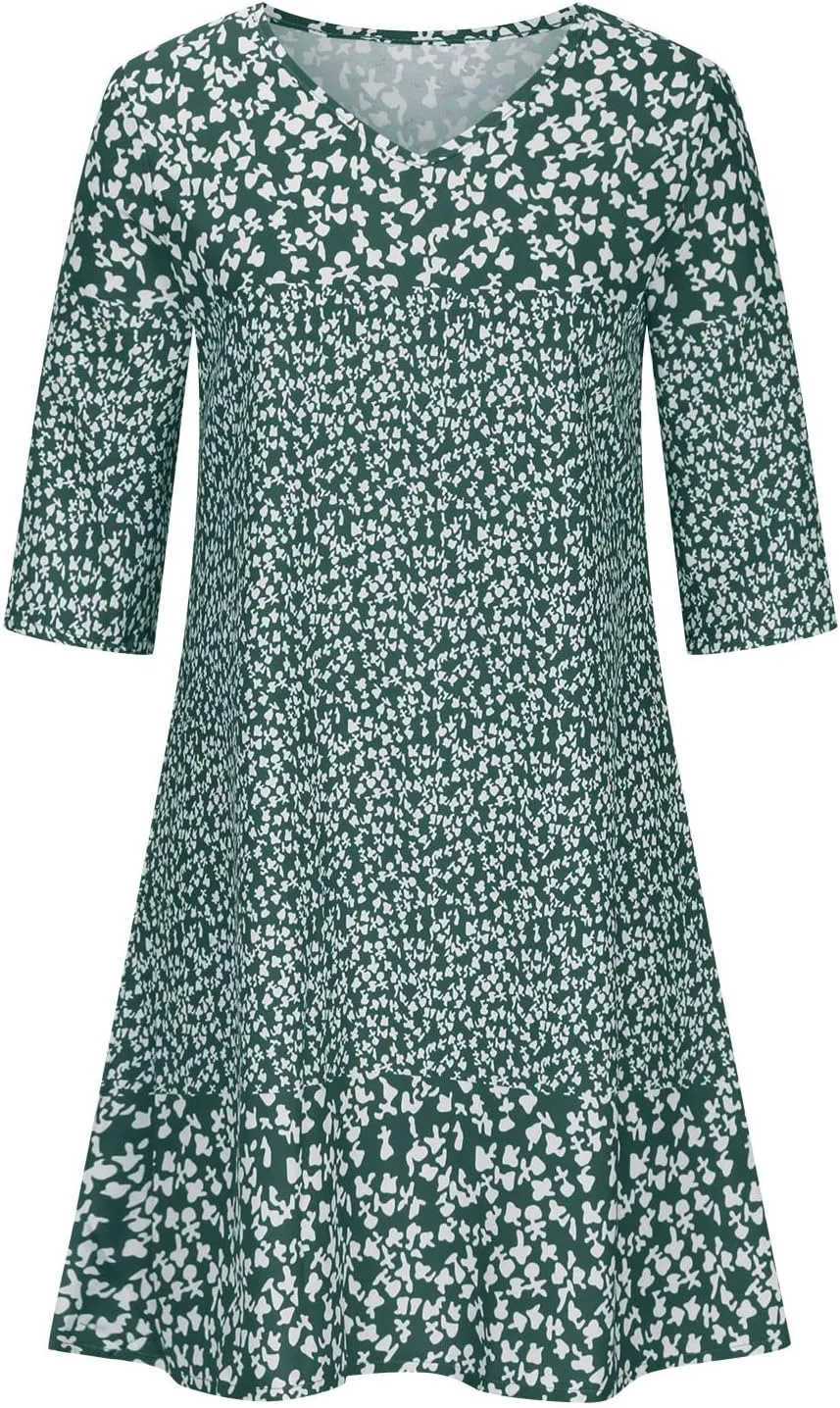 Summer Women's Boho Printed Dress Casual V-Neck Three-Quarter Sleeve Dresses 2025 Loose Flowy Aline Midi Dress