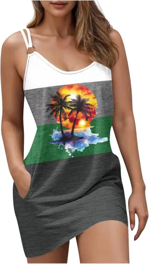 TARIENDY Women's Summer Dresses Casual Sleeveless Sundress Graphic Printed Mini Dress Beach Vacation Outfits with Pockets