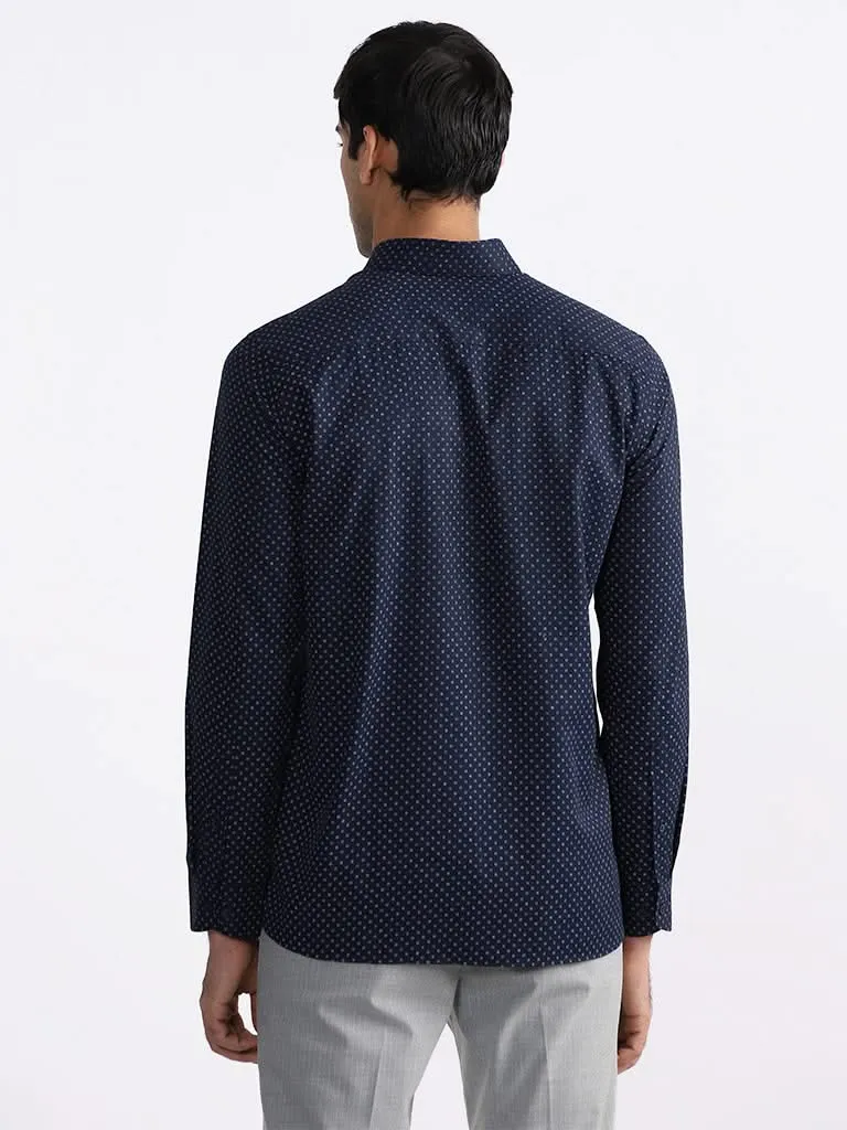 WES Formals Printed Slim-Fit Navy Shirt
