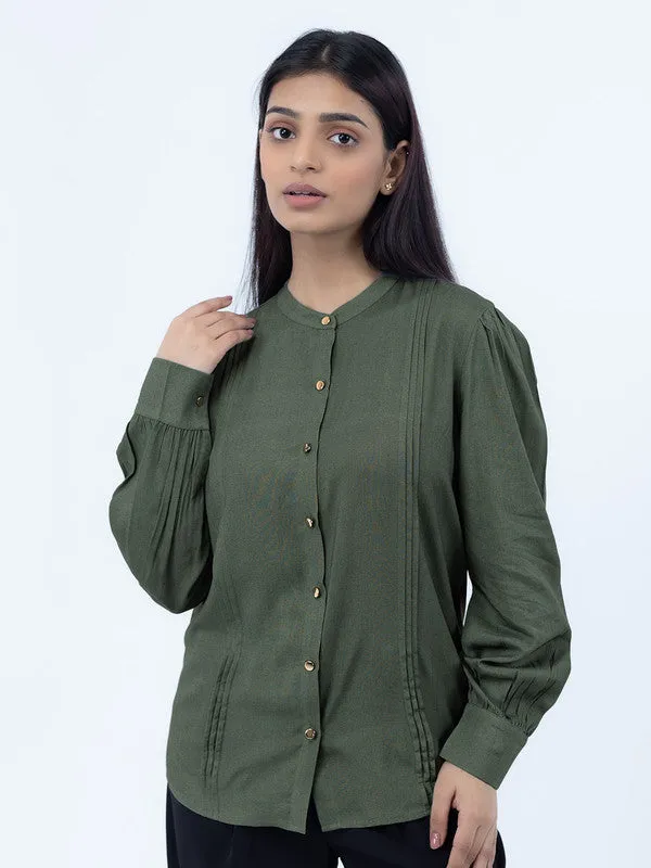 Women Olive Green Viscose Mandarin Shirt