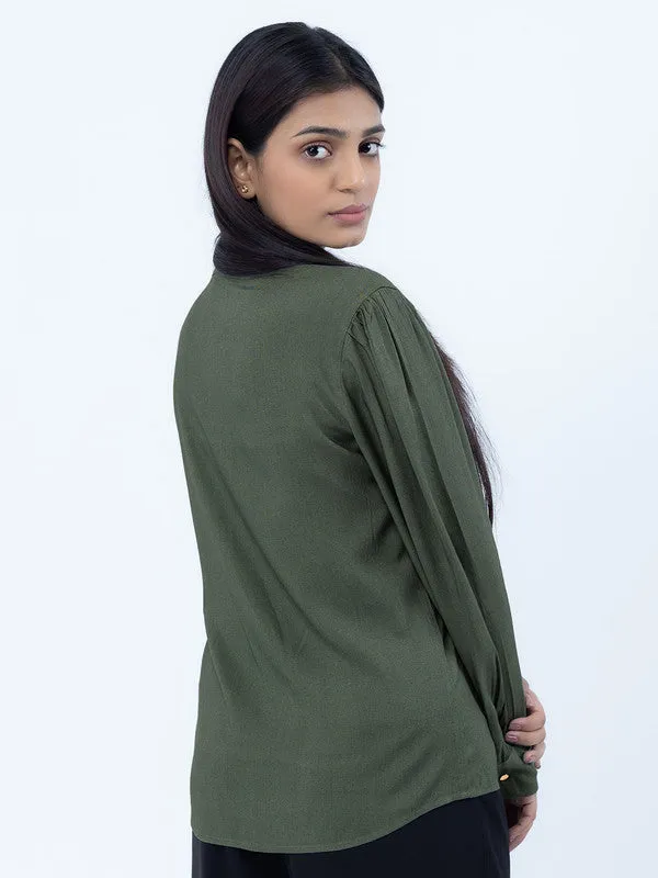 Women Olive Green Viscose Mandarin Shirt