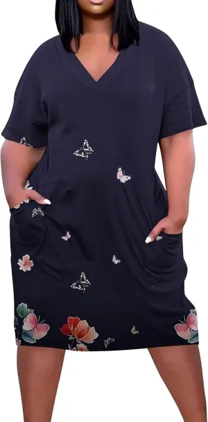Women Oversized Dress Floral Printed V Neck Casual Tunic Dress Summer Short Sleeve Knee Length Midi Dresses Plus Size