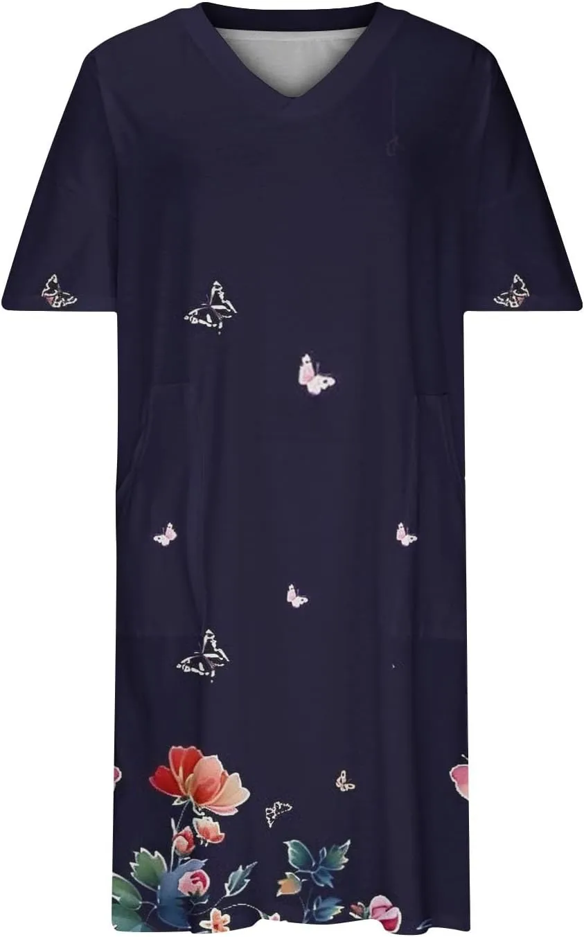 Women Oversized Dress Floral Printed V Neck Casual Tunic Dress Summer Short Sleeve Knee Length Midi Dresses Plus Size