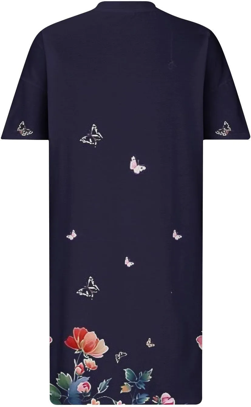 Women Oversized Dress Floral Printed V Neck Casual Tunic Dress Summer Short Sleeve Knee Length Midi Dresses Plus Size