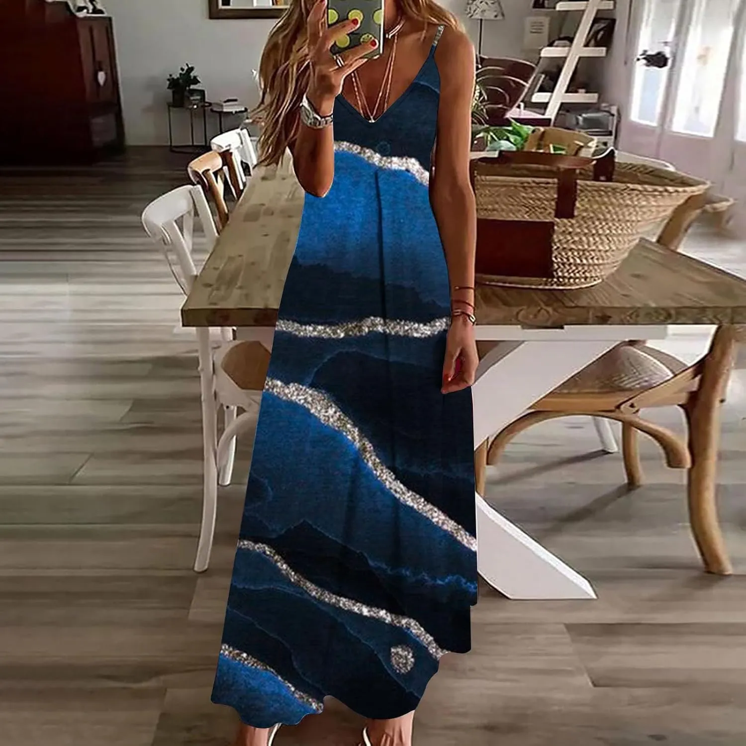 Women Plus Size Sling Dress Summer Boho Printed V Neck Sexy Casual Long Maxi Dress Loose Flowy Swing Dresses