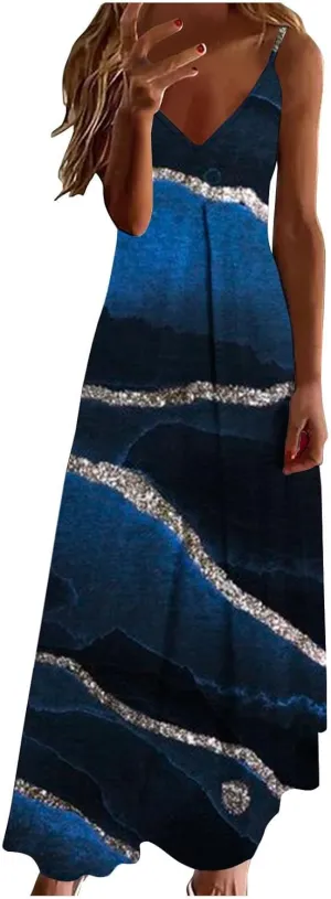 Women Plus Size Sling Dress Summer Boho Printed V Neck Sexy Casual Long Maxi Dress Loose Flowy Swing Dresses
