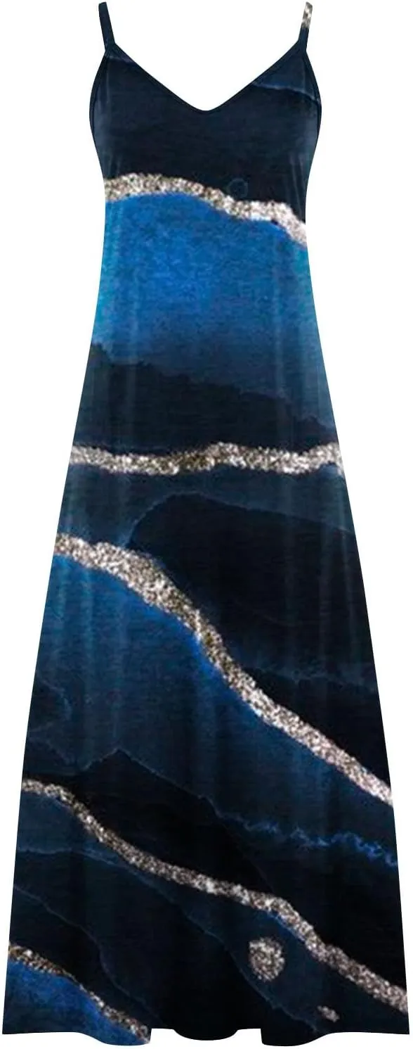 Women Plus Size Sling Dress Summer Boho Printed V Neck Sexy Casual Long Maxi Dress Loose Flowy Swing Dresses