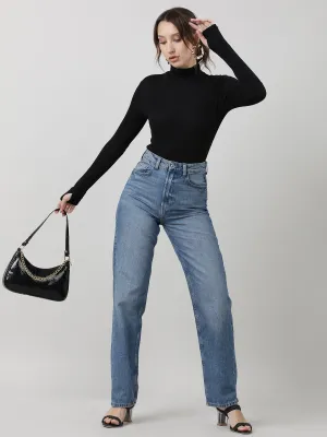 Women Regular Fit Blue Washed Denim Pants