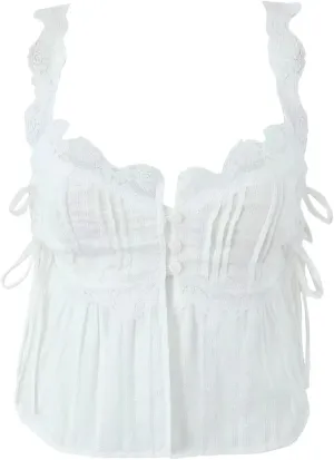 Women White Camisole Summer Crop Top Patchwork Lace Blended Cotton Tank Style