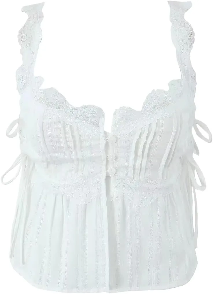 Women White Camisole Summer Crop Top Patchwork Lace Blended Cotton Tank Style