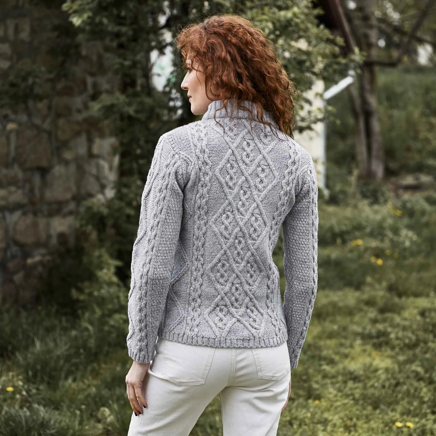 Women's Aran Cable Knit Sweater, Grey