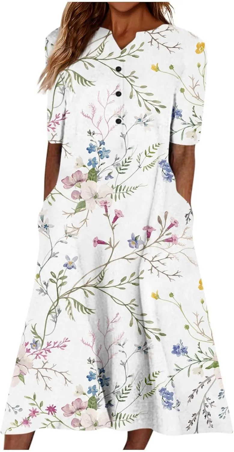 Womens Casual Printed Dresses V Neck Fashion Short Sleeve 2025 Sexy Swing Summer Dressy Daily Party Dress