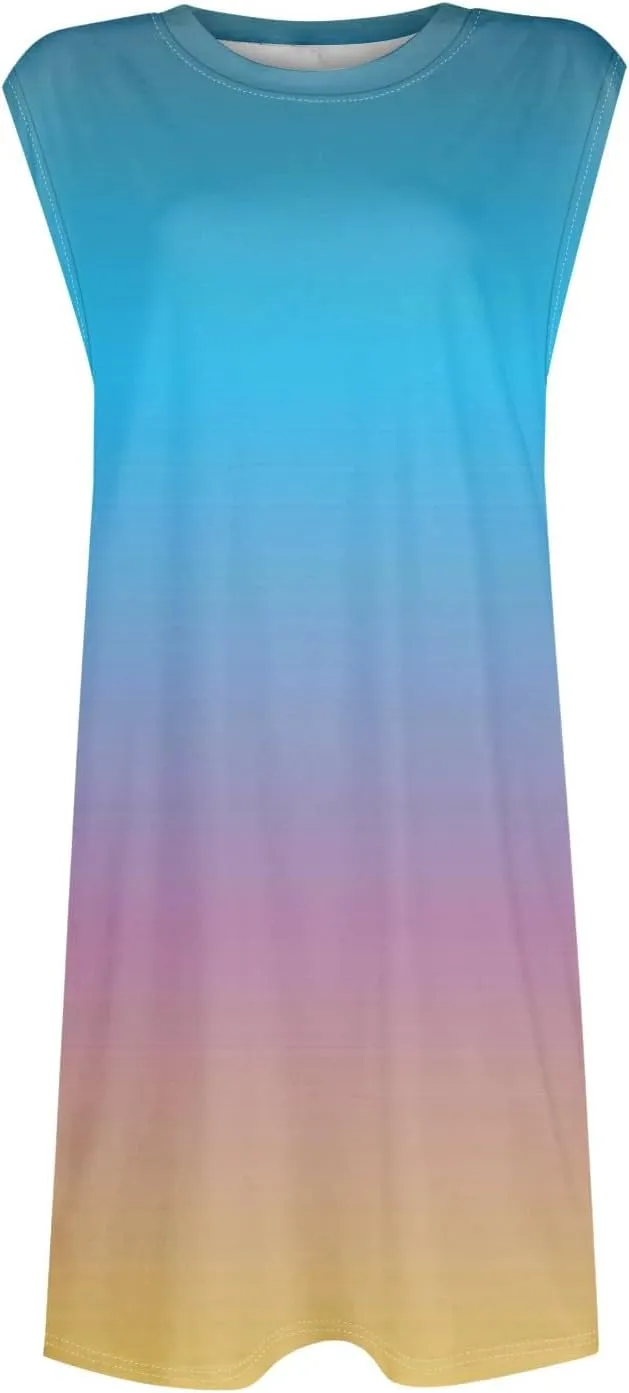 Womens Crew Neck Sleeveless Mini Dresses Printed Beach Vacation Pockets Dress 2025 Summer Casual Loose Sundress