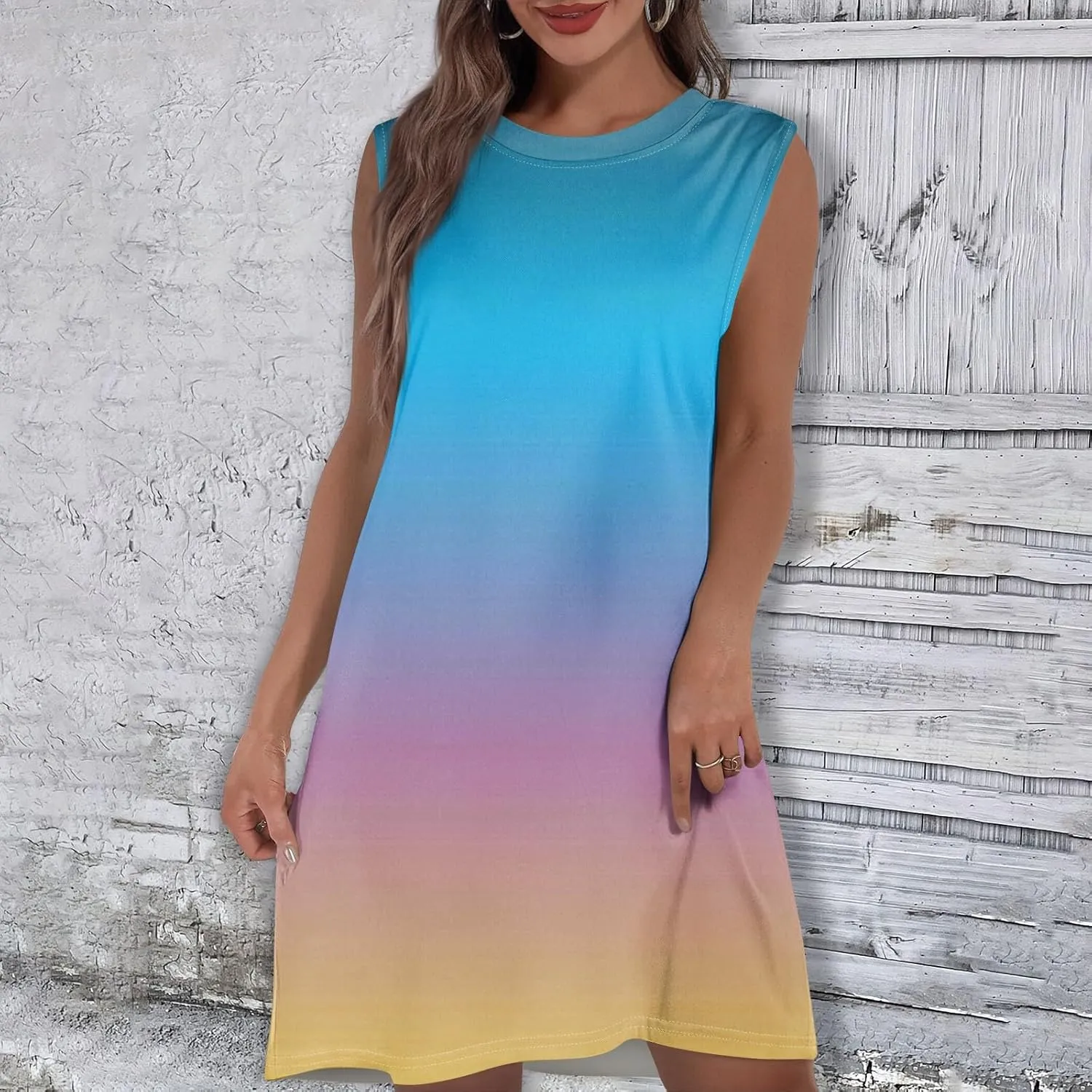 Womens Crew Neck Sleeveless Mini Dresses Printed Beach Vacation Pockets Dress 2025 Summer Casual Loose Sundress