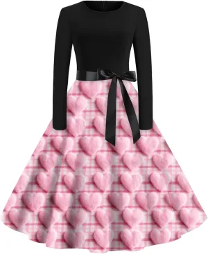 Women's Fashion Round Neck Casual Slim Valentine's Day Printed Long Sleeve Dresses Fashion