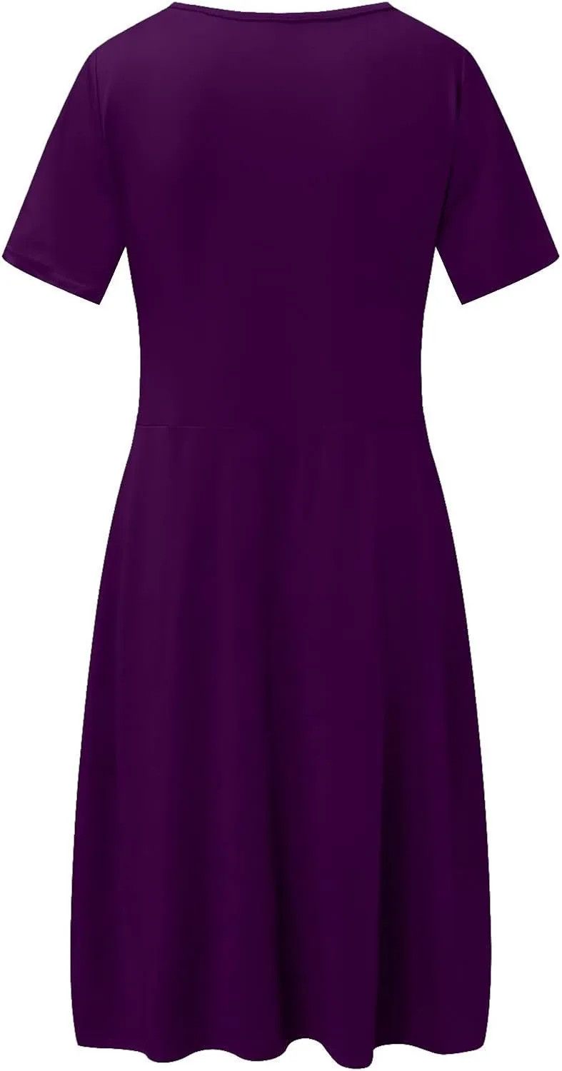 Women's Fashion Short Sleeve Printed Pocket Midi Length Casual Skirt Mix Dresses for Women