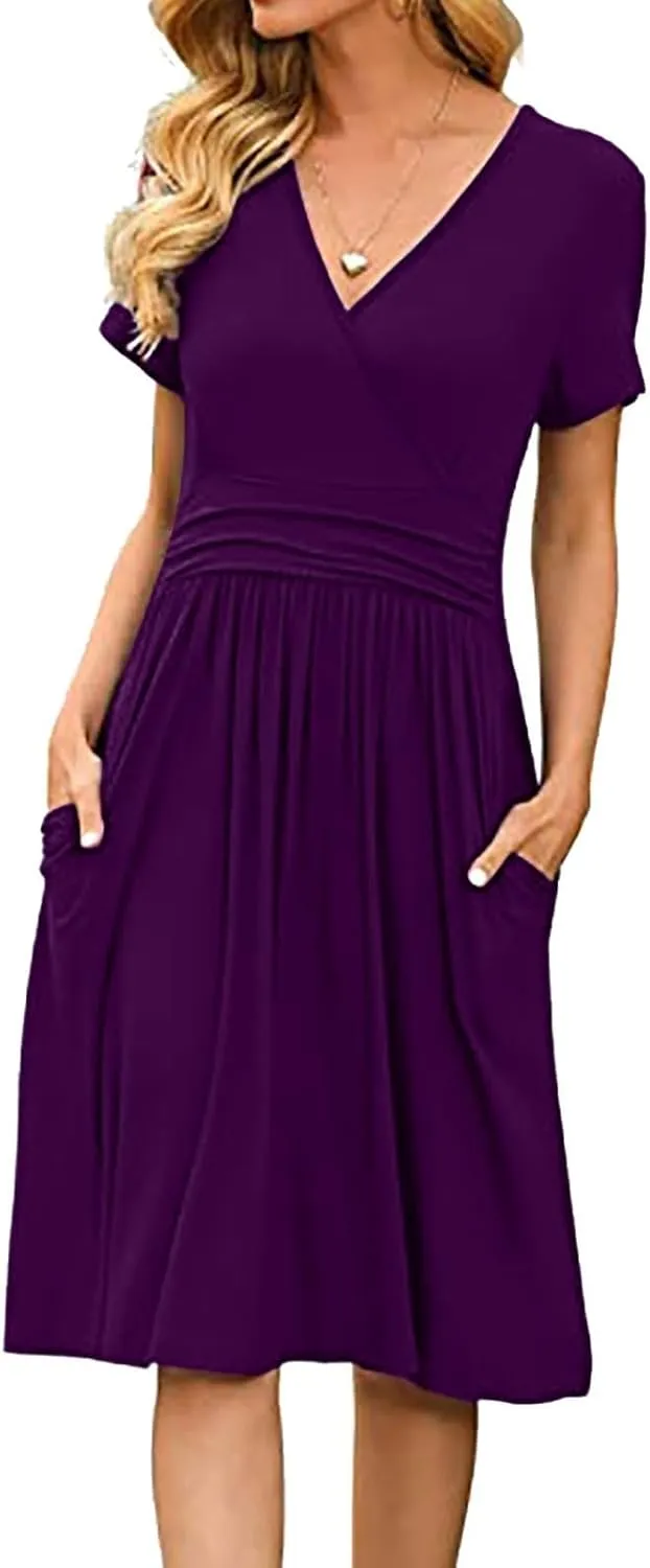 Women's Fashion Short Sleeve Printed Pocket Midi Length Casual Skirt Mix Dresses for Women