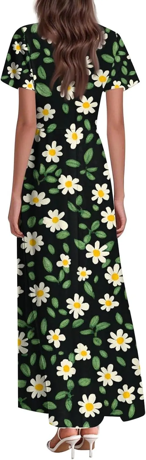 Women's Floral Dress Summer Casual Loose Trendy Short Sleeve V-Neck Printed Sun Beach Vacation Maxi Dresses, XS-2XL
