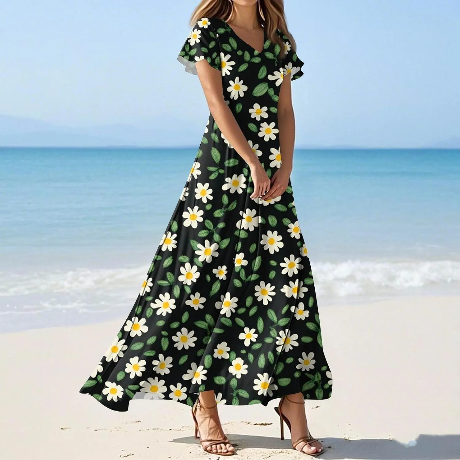 Women's Floral Dress Summer Casual Loose Trendy Short Sleeve V-Neck Printed Sun Beach Vacation Maxi Dresses, XS-2XL