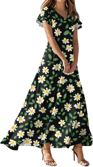 Women's Floral Dress Summer Casual Loose Trendy Short Sleeve V-Neck Printed Sun Beach Vacation Maxi Dresses, XS-2XL