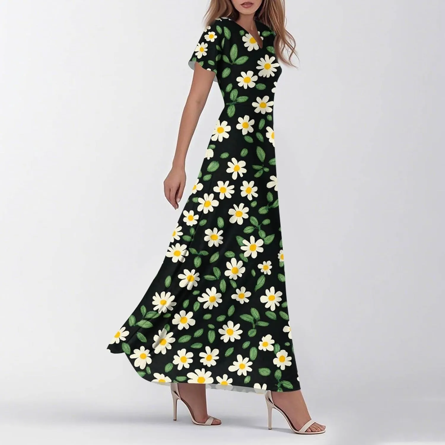 Women's Floral Dress Summer Casual Loose Trendy Short Sleeve V-Neck Printed Sun Beach Vacation Maxi Dresses, XS-2XL